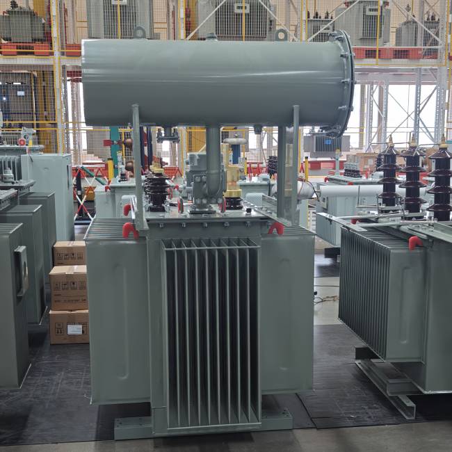 Side view of oil immersed transformer with corrugated radiator